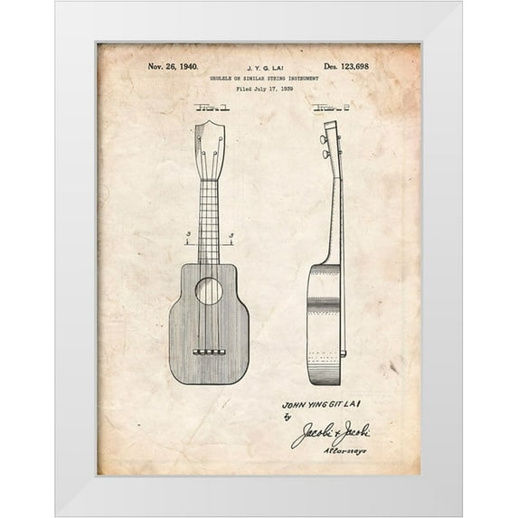 Borders, Cole 15x18 White Modern Wood Framed Museum Art Print Titled - PP1117-Vintage Parchment Ukulele Patent Poster