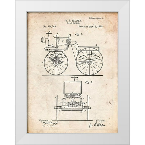 Borders, Cole 15x18 White Modern Wood Framed Museum Art Print Titled - PP243-Vintage Parchment Motor Buggy 1895 Patent Print