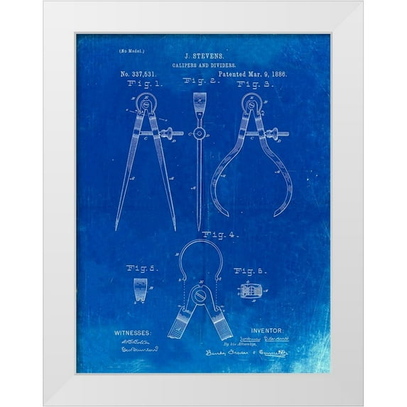 Borders, Cole 15x18 White Modern Wood Framed Museum Art Print Titled - PP285-Faded Blueprint Calipers and Dividers Patent Poster