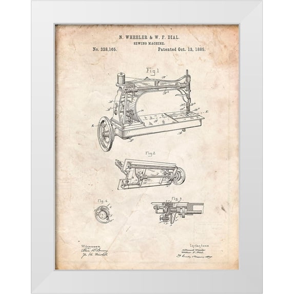 Borders, Cole 15x18 White Modern Wood Framed Museum Art Print Titled - PP37-Vintage Parchment Wheeler And Wilson Sewing Machine Patent Poster