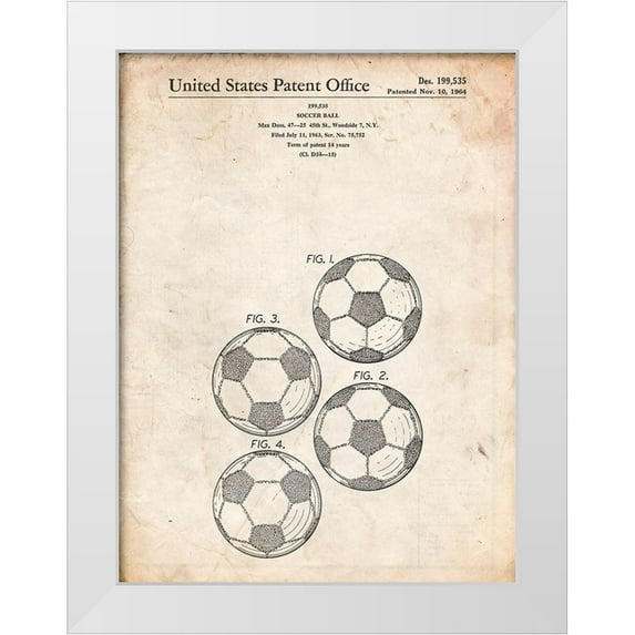 Borders, Cole 15x18 White Modern Wood Framed Museum Art Print Titled - PP587-Vintage Parchment Soccer Ball 4 Image Patent Poster