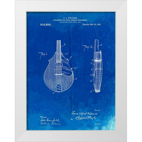Borders, Cole 15x18 White Modern Wood Framed Museum Art Print Titled - PP638-Faded Blueprint Mandolin Pick Guard Patent Poster