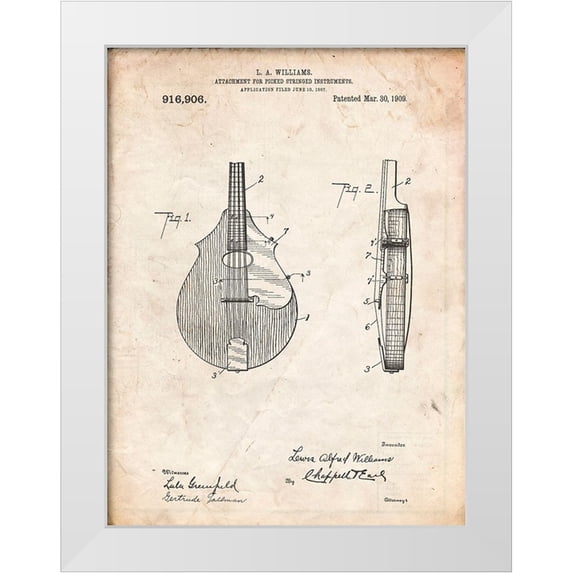 Borders, Cole 15x18 White Modern Wood Framed Museum Art Print Titled - PP638-Vintage Parchment Mandolin Pick Guard Patent Poster