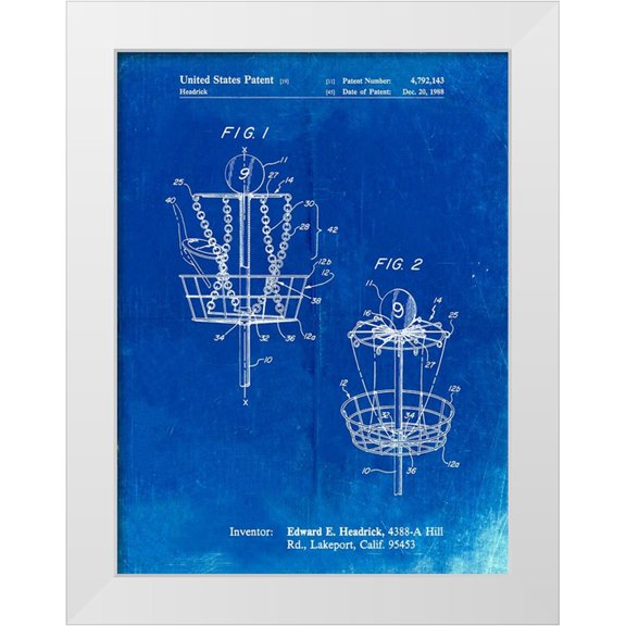 Borders, Cole 15x18 White Modern Wood Framed Museum Art Print Titled - PP783-Faded Blueprint Disk Golf Basket 1988 Patent Poster