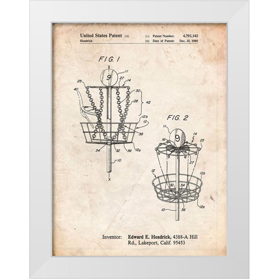 Borders, Cole 15x18 White Modern Wood Framed Museum Art Print Titled - PP783-Vintage Parchment Disk Golf Basket 1988 Patent Poster