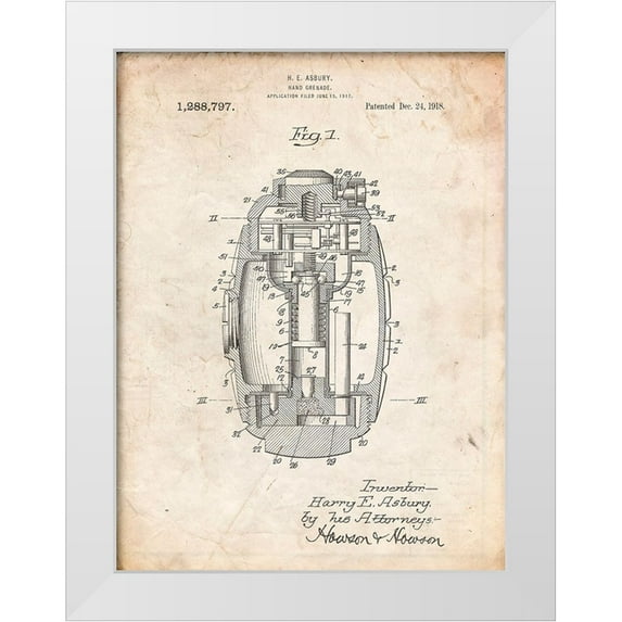 Borders, Cole 15x18 White Modern Wood Framed Museum Art Print Titled - PP868-Vintage Parchment Hand Grenade World War 1 Patent Poster