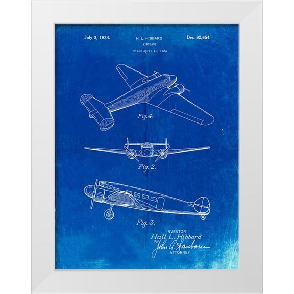 Borders, Cole 15x18 White Modern Wood Framed Museum Art Print Titled - PP945-Faded Blueprint Lockheed Electra Airplane Patent Poster