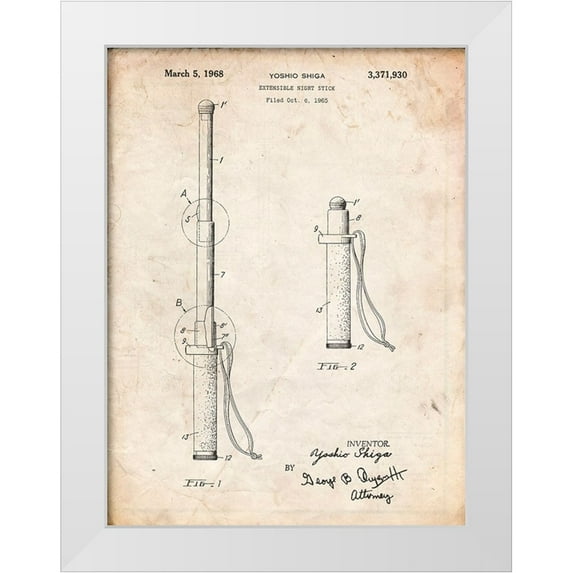 Borders, Cole 15x18 White Modern Wood Framed Museum Art Print Titled - PP970-Vintage Parchment Night Stick Patent Poster