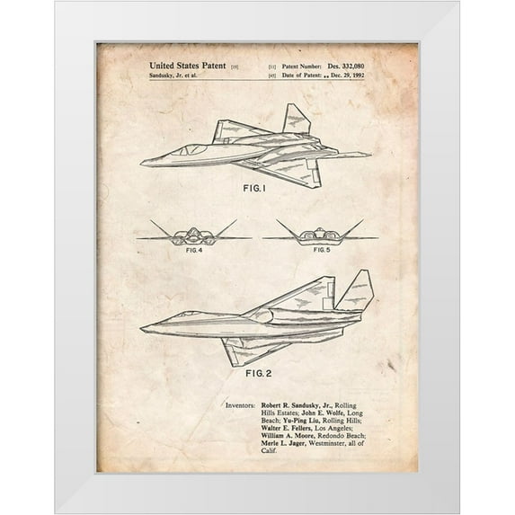 Borders, Cole 15x18 White Modern Wood Framed Museum Art Print Titled - PP972-Vintage Parchment Northrop F-23 Fighter Stealth Plane Patent