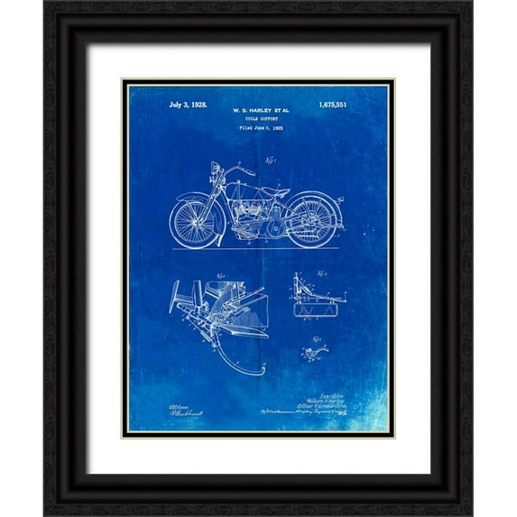 Borders, Cole 19x24 Black Ornate Wood Framed with Double Matting Museum Art Print Titled - PP10-Faded Blueprint Harley Davidson Model JD Patent Poster