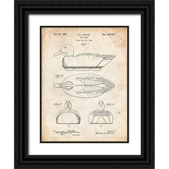 Borders, Cole 19x24 Black Ornate Wood Framed with Double Matting Museum Art Print Titled - PP1001-Vintage Parchment Propelled Duck Decoy Patent Poster