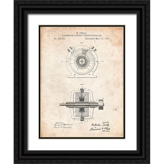 Borders, Cole 19x24 Black Ornate Wood Framed with Double Matting Museum Art Print Titled - PP1090-Vintage Parchment Tesla Alternating Current Generator Poster