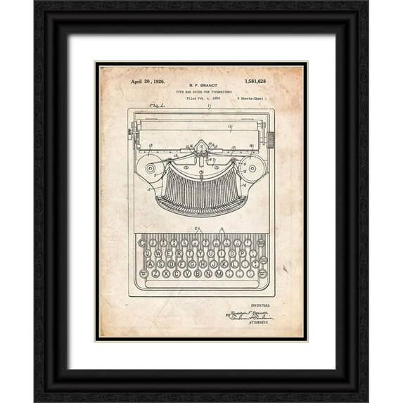 Borders, Cole 19x24 Black Ornate Wood Framed with Double Matting Museum Art Print Titled - PP135- Vintage Parchment Dayton Portable Typewriter Patent Poster