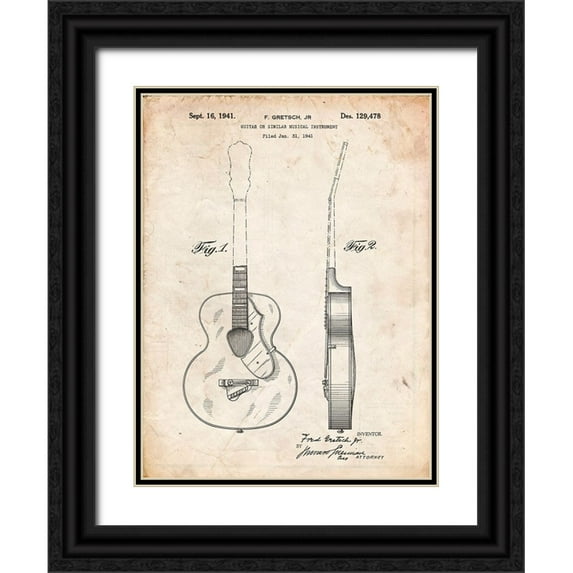Borders, Cole 19x24 Black Ornate Wood Framed with Double Matting Museum Art Print Titled - PP138- Vintage Parchment Gretsch 6022 Rancher Guitar Patent Poster