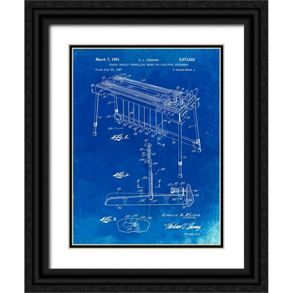 Borders, Cole 19x24 Black Ornate Wood Framed with Double Matting Museum Art Print Titled - PP281-Faded Blueprint Fender Pedal Steel Guitar Patent Poster