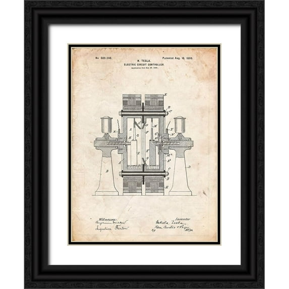 Borders, Cole 19x24 Black Ornate Wood Framed with Double Matting Museum Art Print Titled - PP423-Vintage Parchment Tesla Electric Circuit Controller Poster
