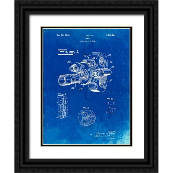 Borders, Cole 19x24 Black Ornate Wood Framed with Double Matting Museum Art Print Titled - PP72-Faded Blueprint Bell and Howell Color Filter Camera Patent Poster