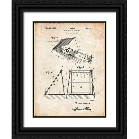Borders, Cole 19x24 Black Ornate Wood Framed with Double Matting Museum Art Print Titled - PP723-Vintage Parchment Beach shade 1929 Patent Wall Art Poster