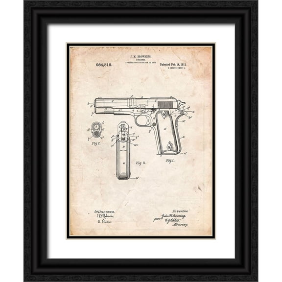 Borders, Cole 19x24 Black Ornate Wood Framed with Double Matting Museum Art Print Titled - PP76-Vintage Parchment Colt 1911 Semi-Automatic Pistol Patent Poster