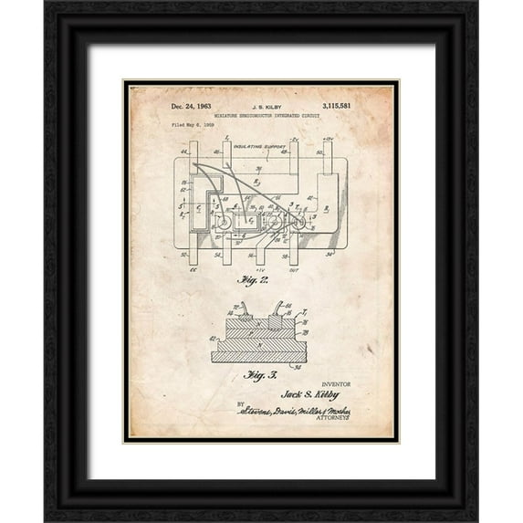 Borders, Cole 19x24 Black Ornate Wood Framed with Double Matting Museum Art Print Titled - PP813-Vintage Parchment First Integrated Circuit Patent Poster