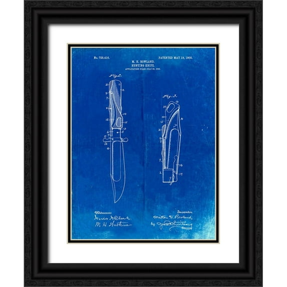 Borders, Cole 19x24 Black Ornate Wood Framed with Double Matting Museum Art Print Titled - PP822-Faded Blueprint Folding Hunting Knife 1902 Patent Poster