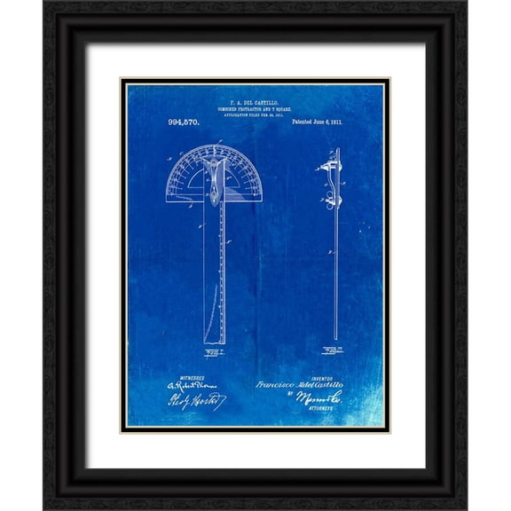 Borders, Cole 19x24 Black Ornate Wood Framed with Double Matting Museum Art Print Titled - PP1002-Faded Blueprint Protractor T-Square Patent Poster