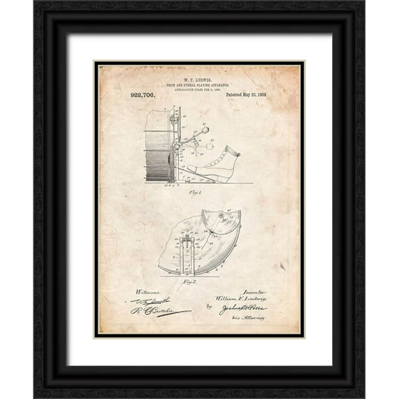 Borders, Cole 19x24 Black Ornate Wood Framed with Double Matting Museum Art Print Titled - PP103-Vintage Parchment Ludwig Kickdrum and Cymbal Poster