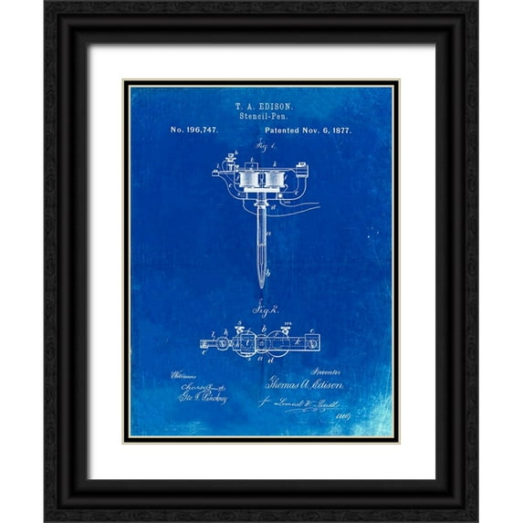 Borders, Cole 19x24 Black Ornate Wood Framed with Double Matting Museum Art Print Titled - PP1065-Faded Blueprint Stencil Pen Patent Art