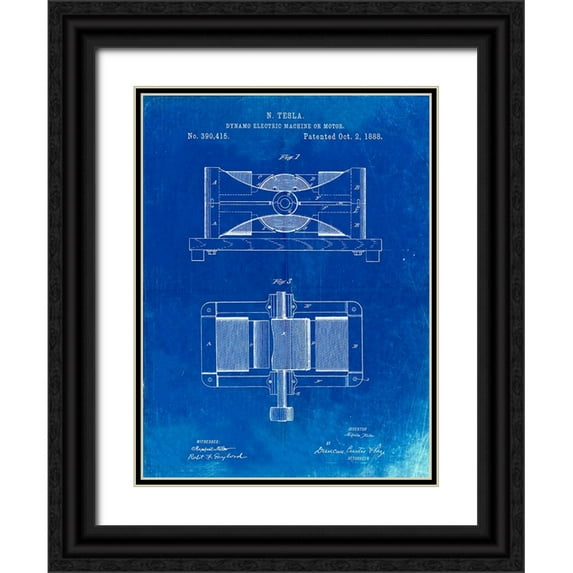 Borders, Cole 19x24 Black Ornate Wood Framed with Double Matting Museum Art Print Titled - PP111-Faded Blueprint Tesla Dynamo Electric Machine Poster