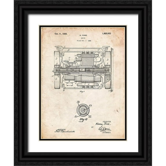 Borders, Cole 19x24 Black Ornate Wood Framed with Double Matting Museum Art Print Titled - PP1110-Vintage Parchment Train Transmission Patent Poster