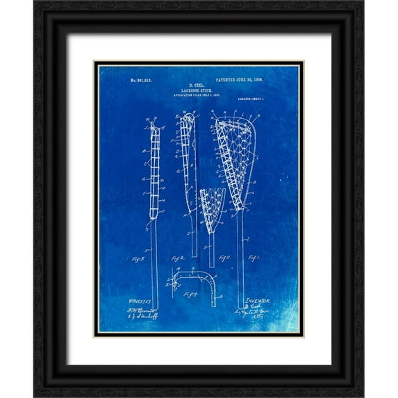 Borders, Cole 19x24 Black Ornate Wood Framed with Double Matting Museum Art Print Titled - PP166- Faded Blueprint Lacrosse Stick Patent Poster