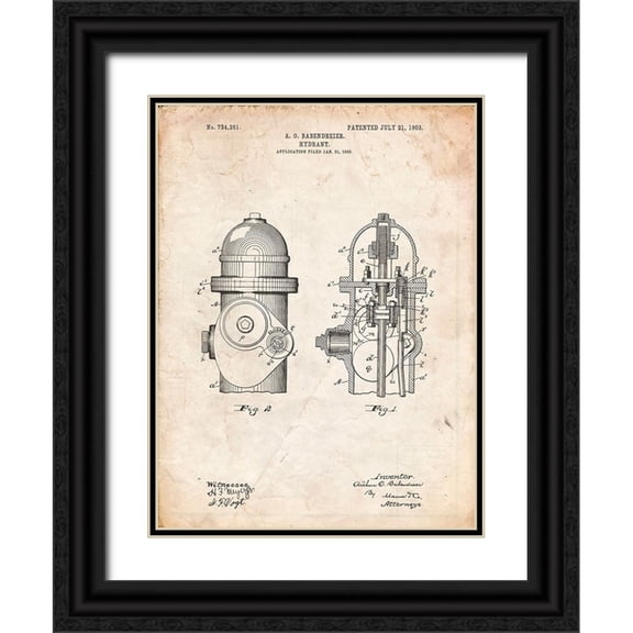 Borders, Cole 19x24 Black Ornate Wood Framed with Double Matting Museum Art Print Titled - PP210-Vintage Parchment Fire Hydrant 1903 Patent Poster