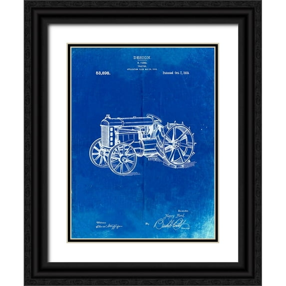 Borders, Cole 19x24 Black Ornate Wood Framed with Double Matting Museum Art Print Titled - PP310-Faded Blueprint Fordson Tractor Patent Poster