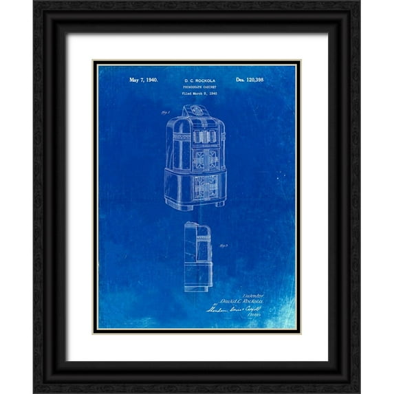 Borders, Cole 19x24 Black Ornate Wood Framed with Double Matting Museum Art Print Titled - PP347-Faded Blueprint Jukebox Patent Poster