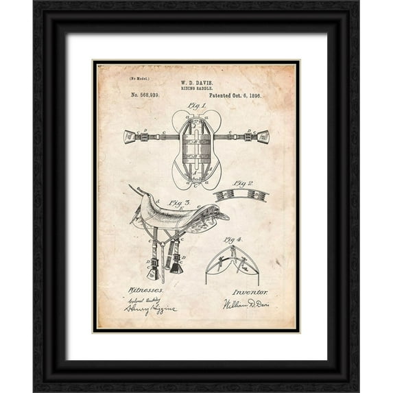 Borders, Cole 19x24 Black Ornate Wood Framed with Double Matting Museum Art Print Titled - PP444-Vintage Parchment Horse Saddle Patent Poster