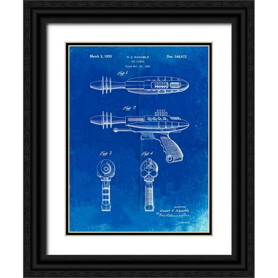 Borders, Cole 19x24 Black Ornate Wood Framed with Double Matting Museum Art Print Titled - PP498-Faded Blueprint Toy Laser Gun Patent Print