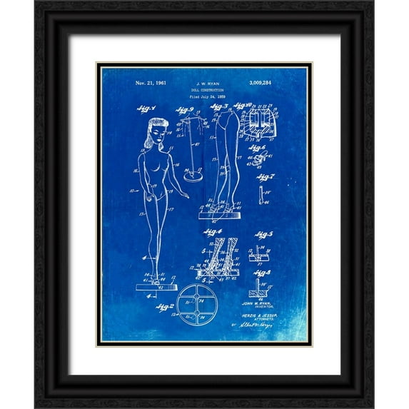 Borders, Cole 19x24 Black Ornate Wood Framed with Double Matting Museum Art Print Titled - PP512-Faded Blueprint Barbie Doll Original Patent Poster