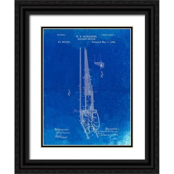 Borders, Cole 19x24 Black Ornate Wood Framed with Double Matting Museum Art Print Titled - PP513-Faded Blueprint The Ostrander Shotgun Patent Poster