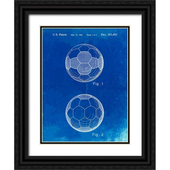 Borders, Cole 19x24 Black Ornate Wood Framed with Double Matting Museum Art Print Titled - PP62-Faded Blueprint Leather Soccer Ball Patent Poster