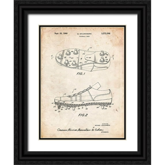 Borders, Cole 19x24 Black Ornate Wood Framed with Double Matting Museum Art Print Titled - PP824-Vintage Parchment Football Cleat Patent Print