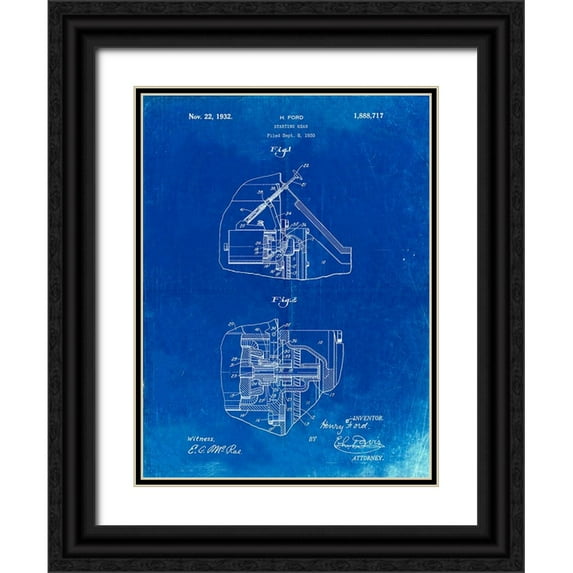 Borders, Cole 19x24 Black Ornate Wood Framed with Double Matting Museum Art Print Titled - PP834-Faded Blueprint Ford Car Starter Patent Poster