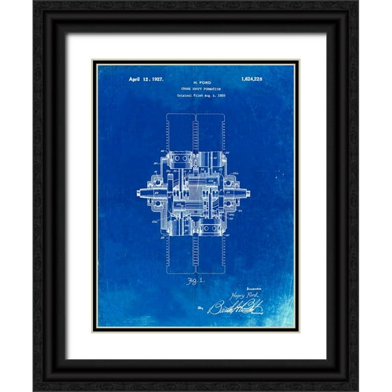 Borders, Cole 19x24 Black Ornate Wood Framed with Double Matting Museum Art Print Titled - PP838-Faded Blueprint Ford Crank Shaft 1920 Patent Poster