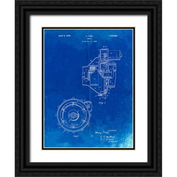 Borders, Cole 19x24 Black Ornate Wood Framed with Double Matting Museum Art Print Titled - PP841-Faded Blueprint Ford Engine 1930 Patent Poster