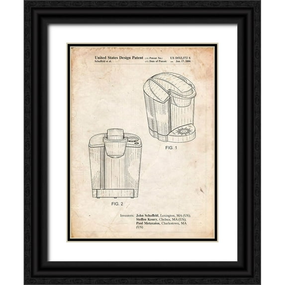 Borders, Cole 19x24 Black Ornate Wood Framed with Double Matting Museum Art Print Titled - PP905-Vintage Parchment Keurig Coffee Brewer Patent Poster