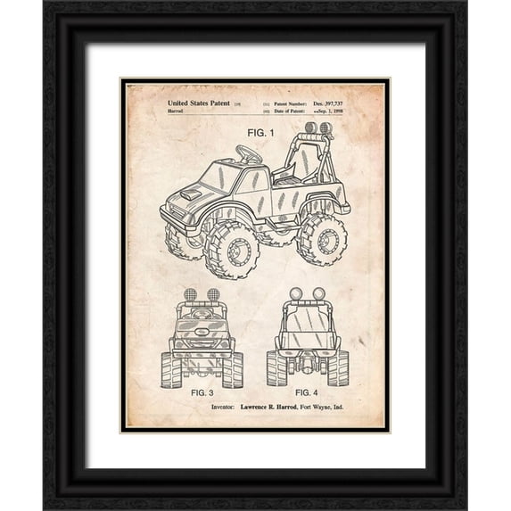 Borders, Cole 19x24 Black Ornate Wood Framed with Double Matting Museum Art Print Titled - PP911-Vintage Parchment Kids Truck Poster