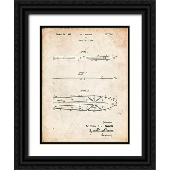 Borders, Cole 19x24 Black Ornate Wood Framed with Double Matting Museum Art Print Titled - PP955-Vintage Parchment Metal Skis 1940 Patent Poster