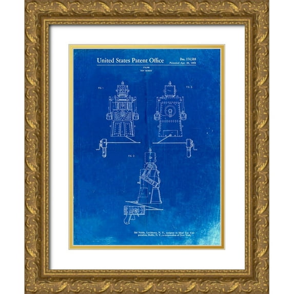 Borders, Cole 19x24 Gold Ornate Wood Framed with Double Matting Museum Art Print Titled - PP1014-Faded Blueprint Robert the Robot 1955 Toy Robot Patent Poster