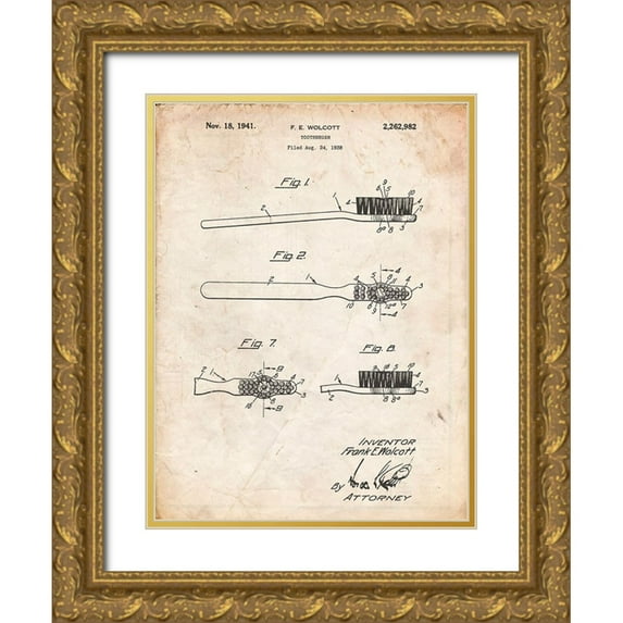 Borders, Cole 19x24 Gold Ornate Wood Framed with Double Matting Museum Art Print Titled - PP1103-Vintage Parchment Toothbrush Flexible Head Patent Poster