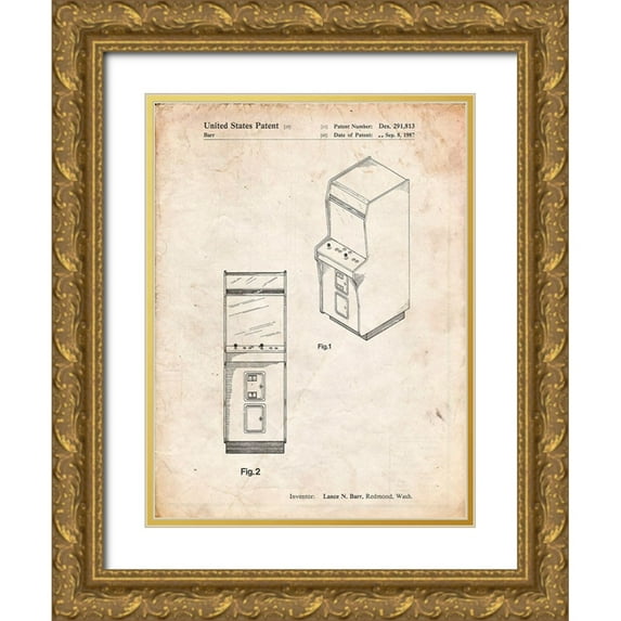 Borders, Cole 19x24 Gold Ornate Wood Framed with Double Matting Museum Art Print Titled - PP357-Vintage Parchment Arcade Game Cabinet Front Figure Patent Poster