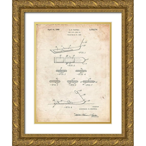 Borders, Cole 19x24 Gold Ornate Wood Framed with Double Matting Museum Art Print Titled - PP508-Vintage Parchment Snurfer Poppen First Modern Snowboard Patent Poster